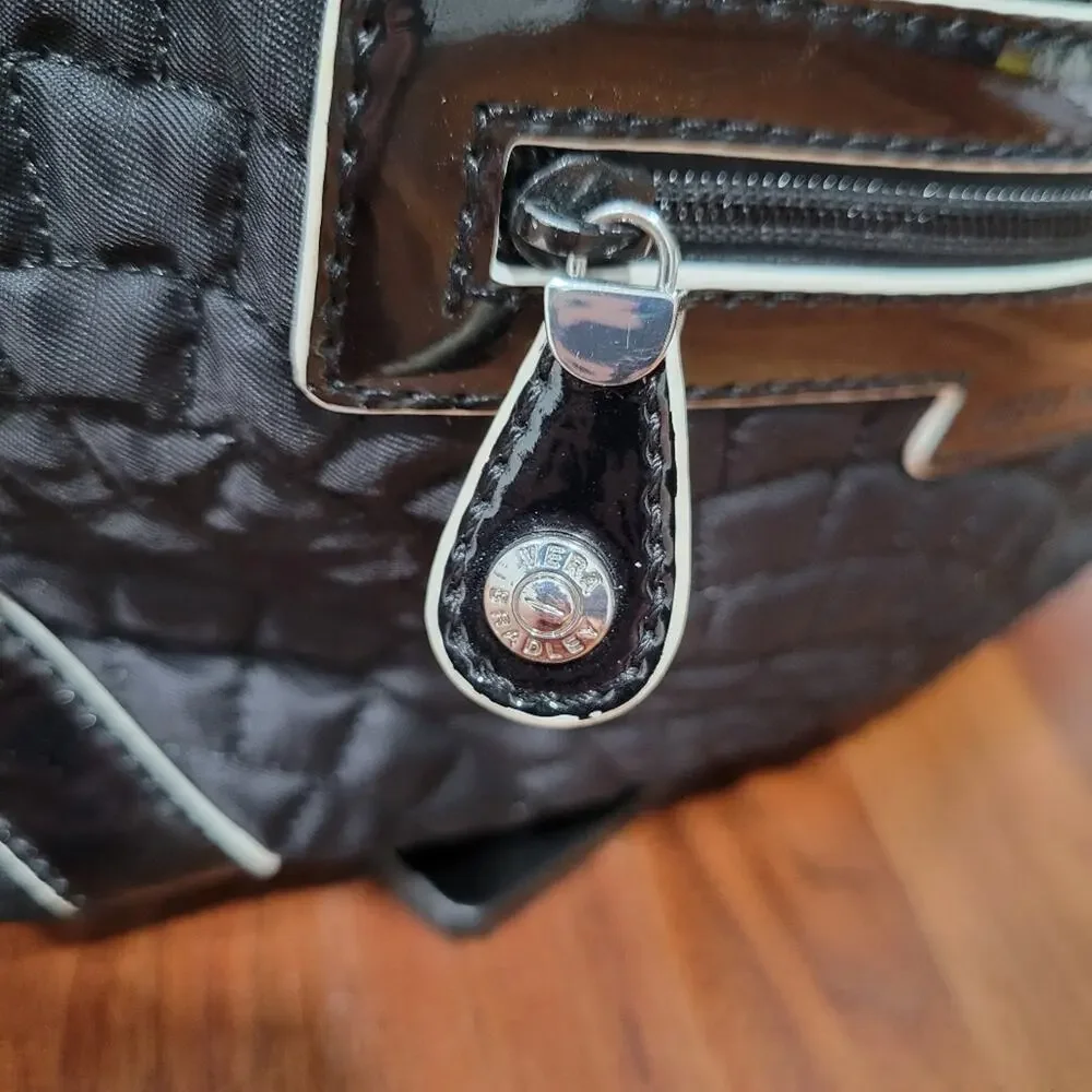 Vera Bradley Quilted Hand/Shoulder Bag Patent & Silver Pockets Fold Over Black